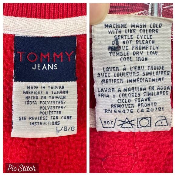 VTG Tommy Hilfiger Jeans Red Fleece 1/4 Zip Pullover Jacket Sweatshirt Mens Sz L - Picture 8 of 12